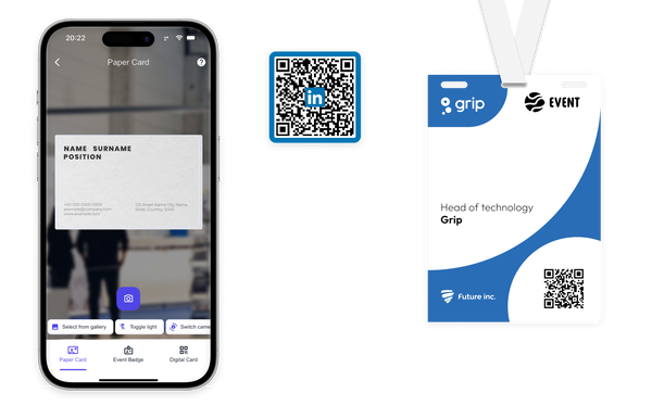 Συλλογή ηγετικών στελεχών για εμπορικές εκθέσεις και επιτόπια εξυπηρέτηση: Επαγγελματικές κάρτες, κονκάρδες εκδηλώσεων, κωδικοί QR, ακόμη και σημειώσεις
