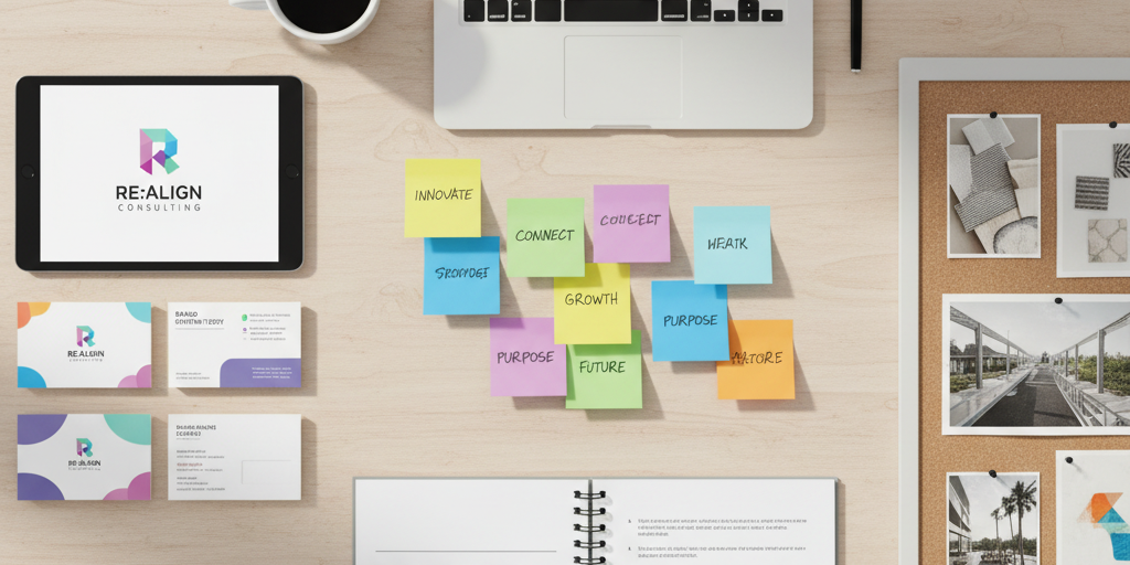 Rebranding strategy planning with documents and brand elements