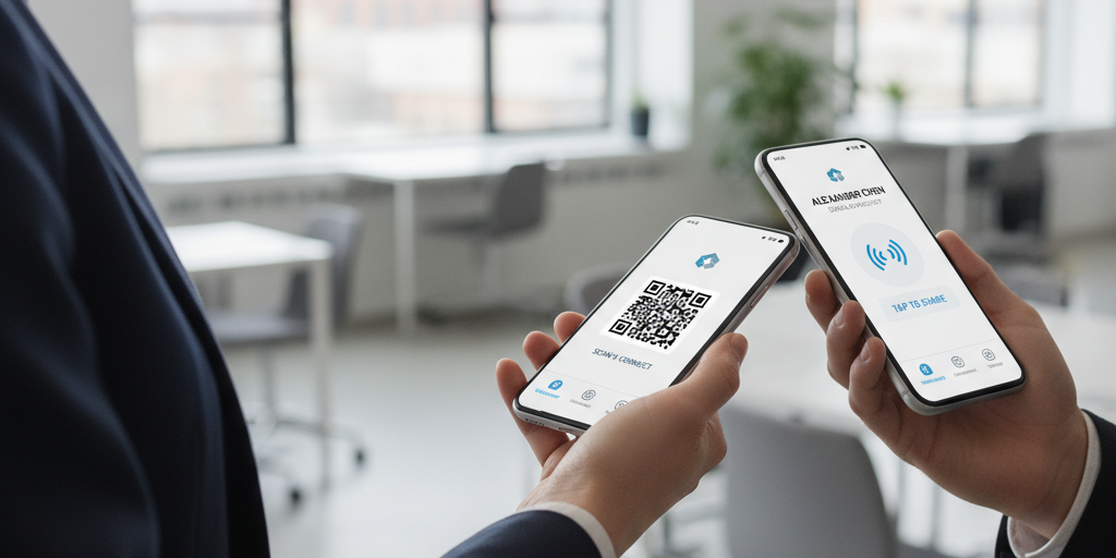 Modern digital business card sharing methods including QR code and NFC technology