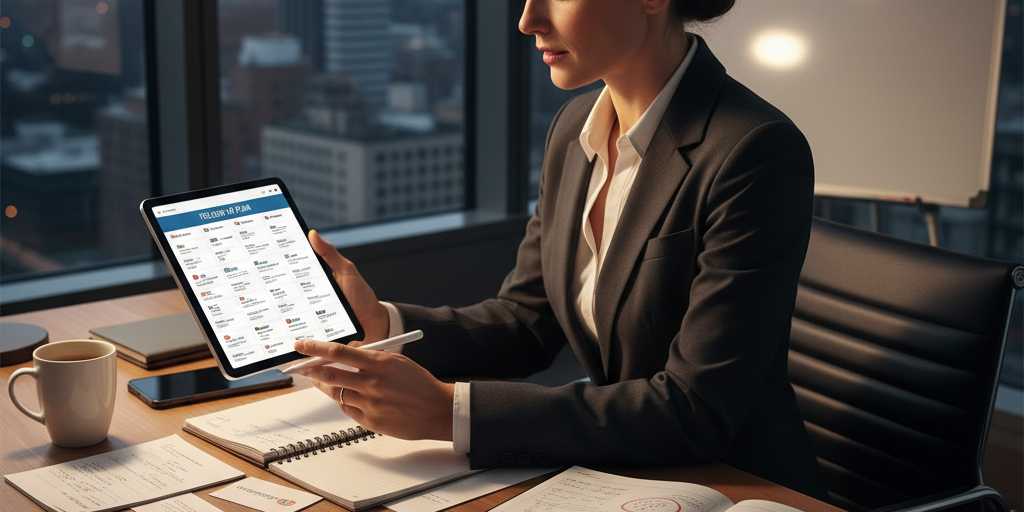 Business professional reviewing notes and documents after trade show, organized digital contact management on tablet, follow-up planning concept, modern office setting, photo realistic