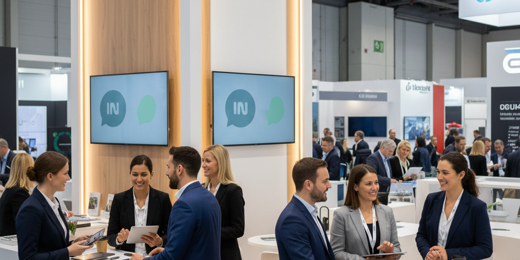 Professional trade fair booth staff engaging with visitors