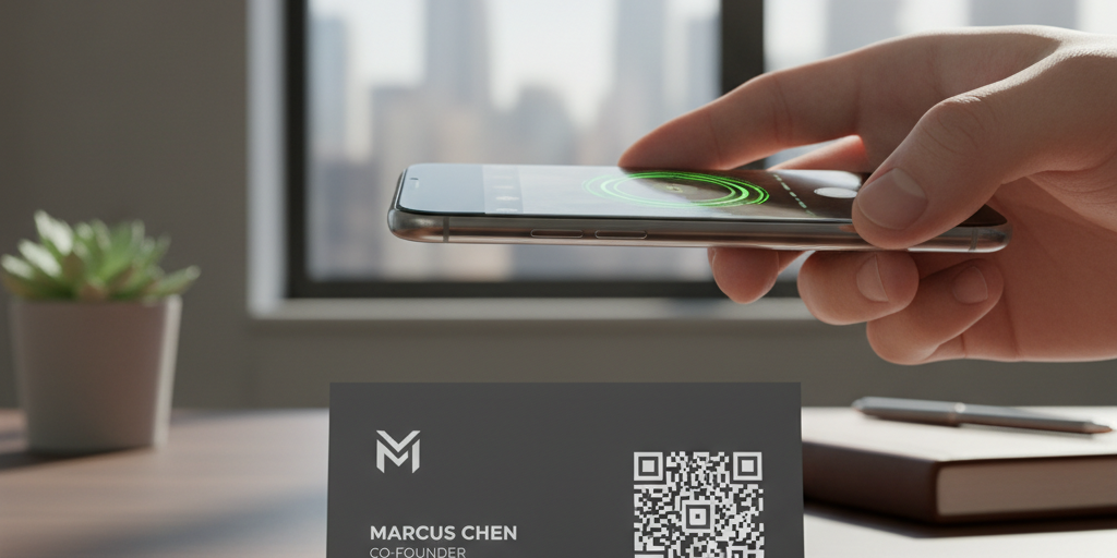 Modern professional business card with QR code displayed on a desk, smartphone scanning the QR code