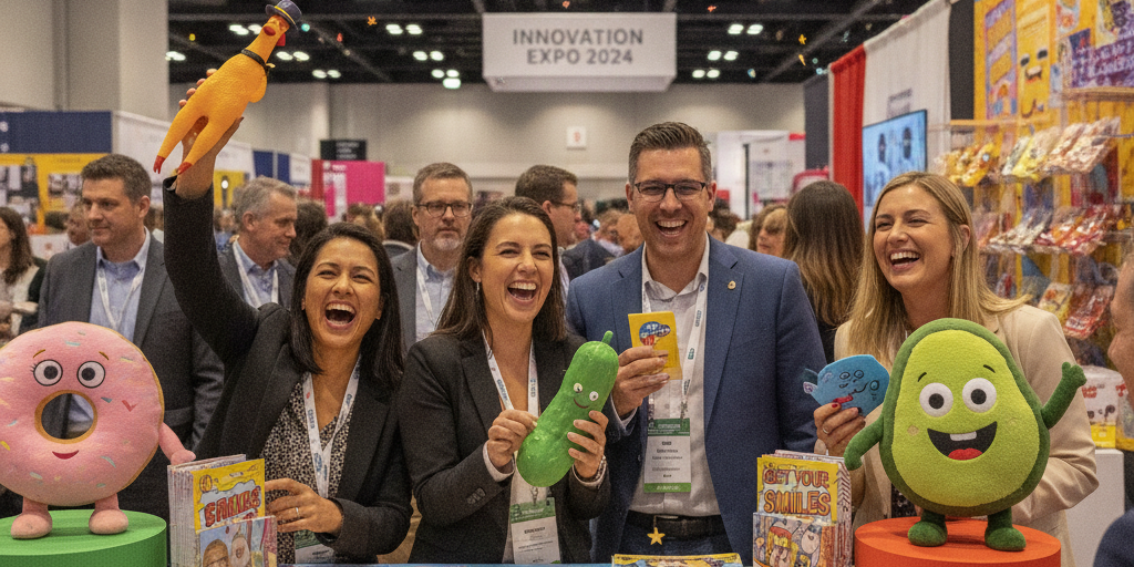 Laughing trade show attendees collecting amusing and quirky promotional products from exhibition booth with colorful displays and entertaining marketing materials