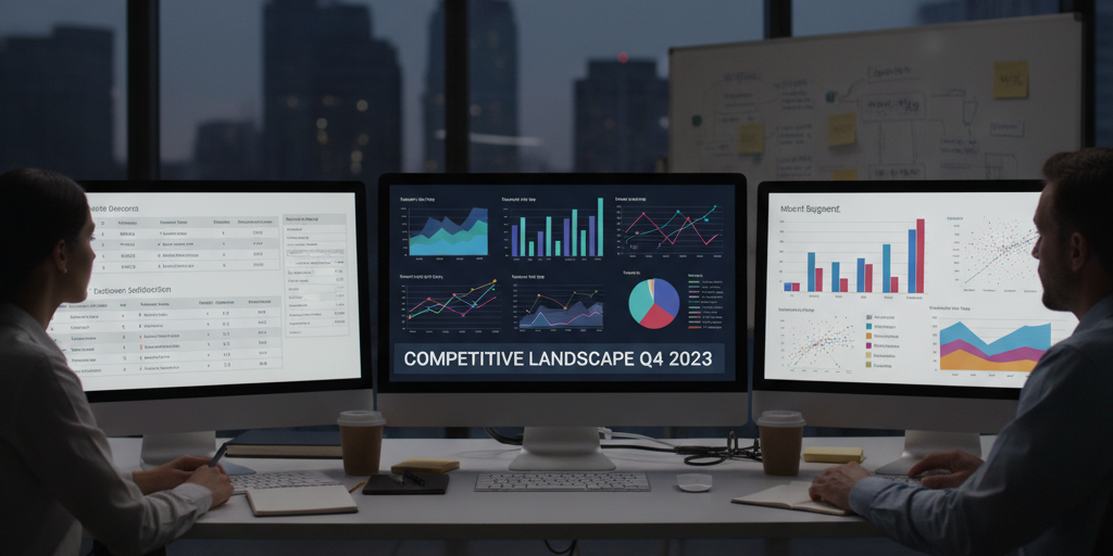 Competitive market research analysis with charts graphs and competitor comparison data visualization on computer screens