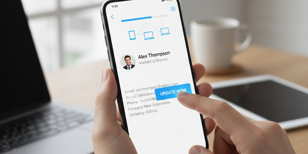 Digital business card on smartphone being updated instantly with one click, modern interface showing contact information changes syncing across devices