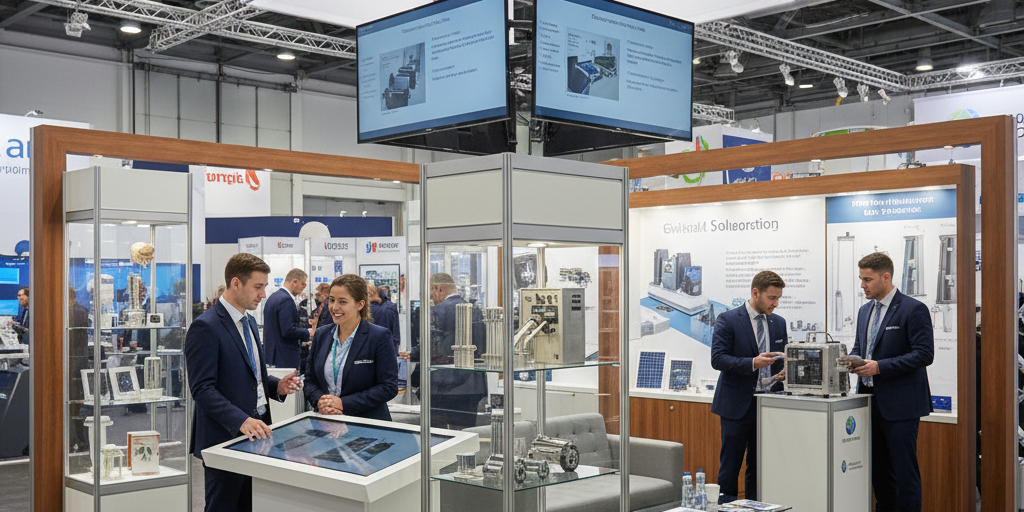 Professional trade fair exhibition booth with engaged staff members talking to visitors, modern corporate setup with banners and product displays, professional business atmosphere, high quality photo realistic