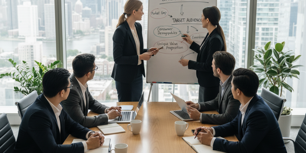 Business strategy planning session with team around table discussing brand positioning and target audience, modern office environment