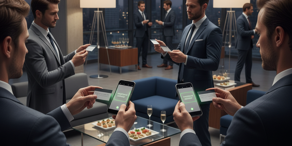 Profesionales escaneando tarjetas de presentación en evento de networking
