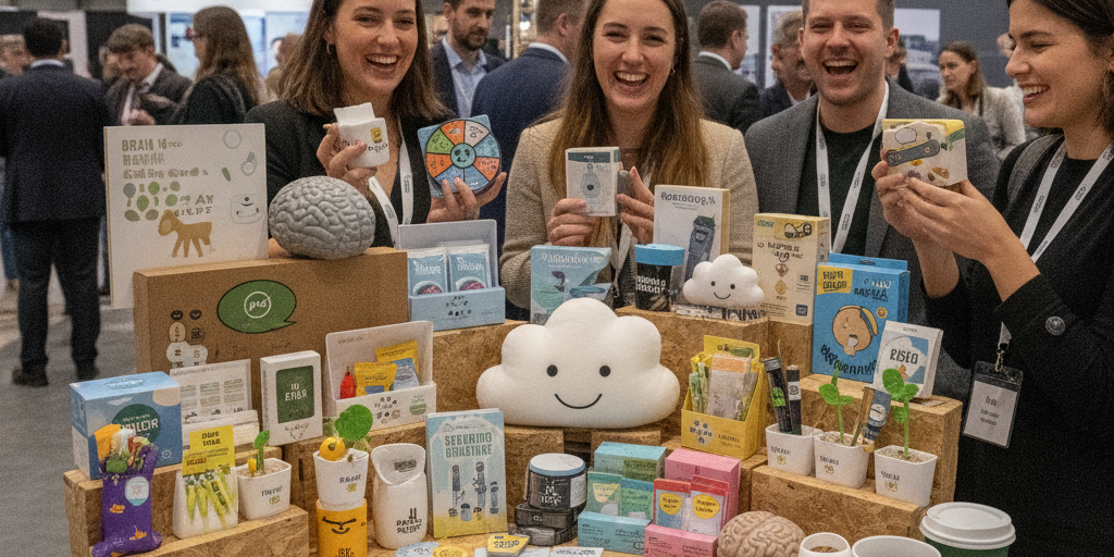 Collection of funny and creative trade show giveaway items including novelty promotional products, humorous gifts, and entertaining branded merchandise displayed at an exhibition booth